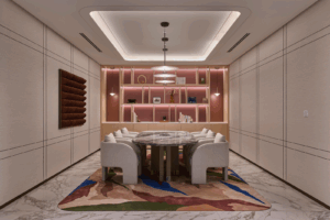 Office with pink bento shelves and joinery lighting